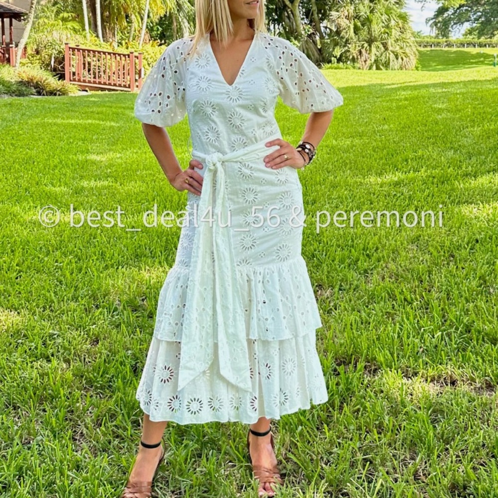 Zara White Eyelet Midi Dress with Tie Waist